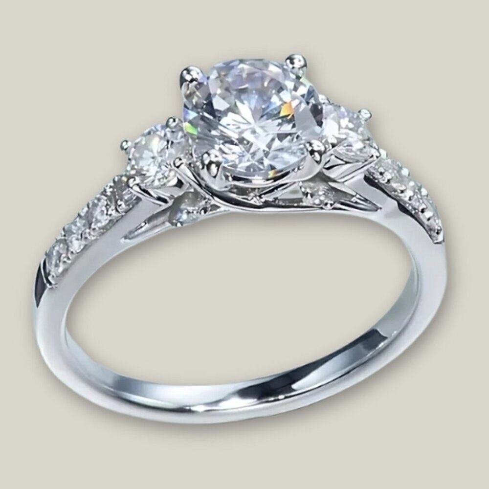 Cubic Zirconia Three Stone Engagement Ring Silver Plated Size 7 - Picture 3 of 4